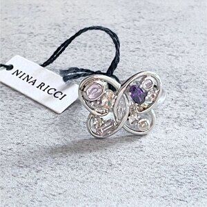 NWT Nina Ricci Butterfly Ring Open Work Multi-Color Stones Silver Tone Size 7.5